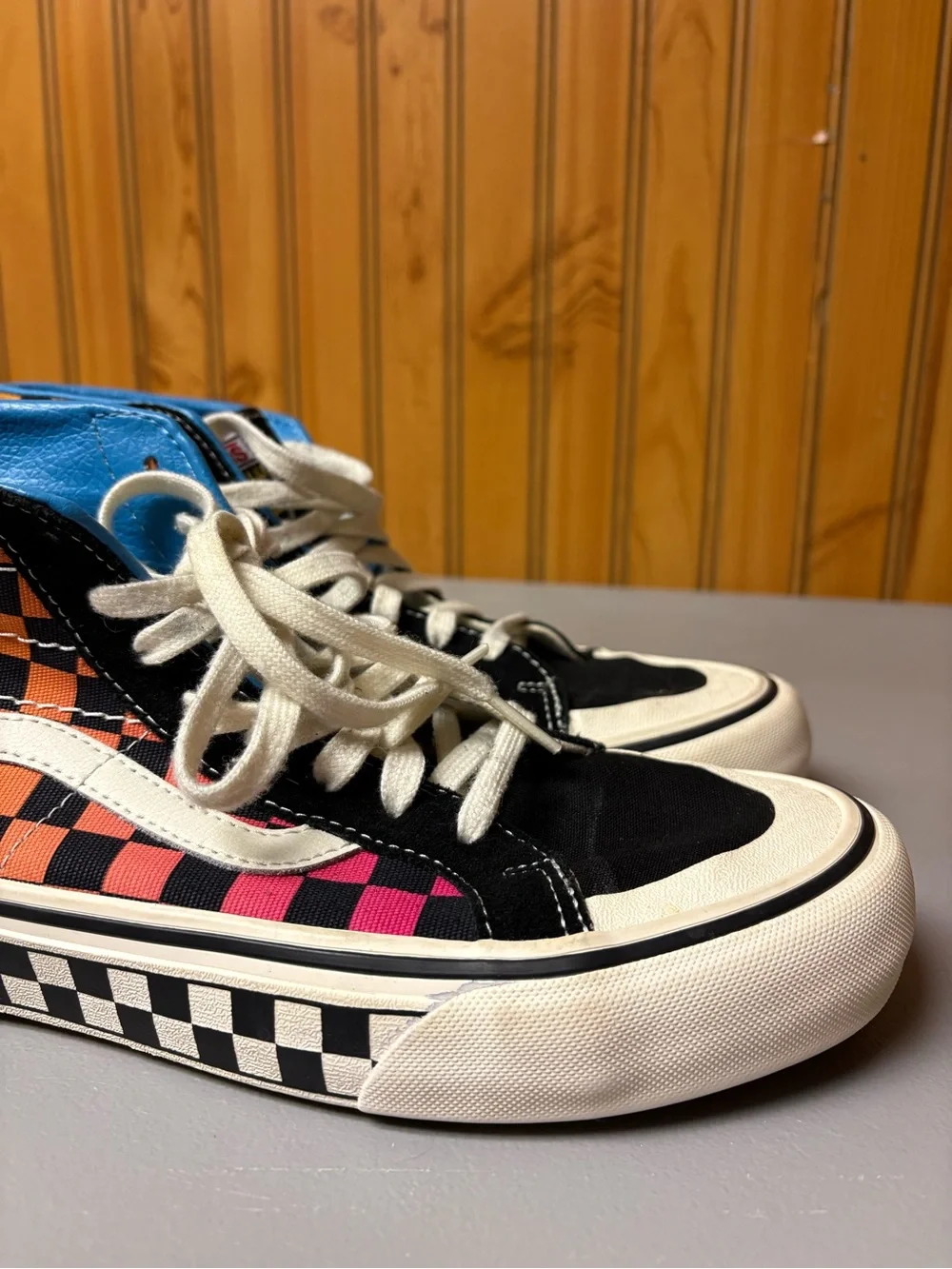 Vans Checkerboard High-Top Sneakers — Black, Orange, Pink, White